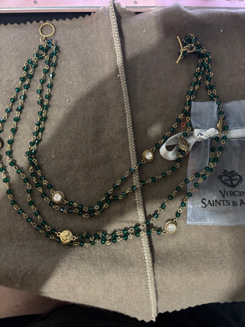 Virgins Saints & Angels Gold and Emerald Layered Medallion Necklace